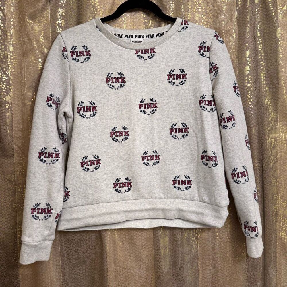 PINK‎ Victorias Secret Light Heather Gray Logo Crest Pullover Sweater Small